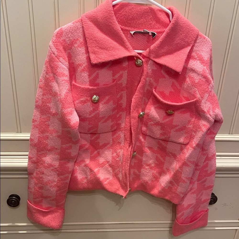 English Factory Pink and White Houndstooth Cardigan